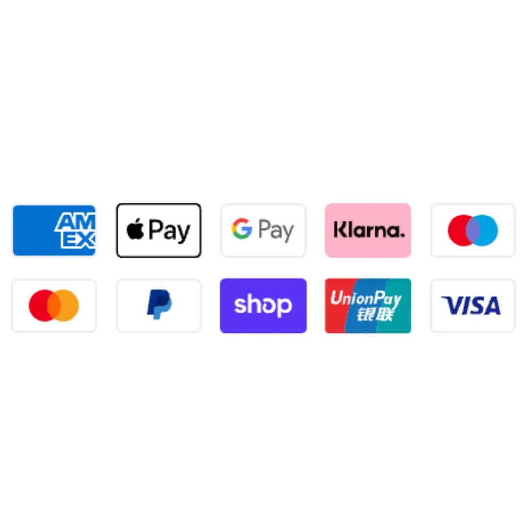 Bezahlung mit Amex, Apple Pay, Google Pay, Klarna, Maestro, Mastercard, PayPal, Shop Pay, Union Pay oder Visa.