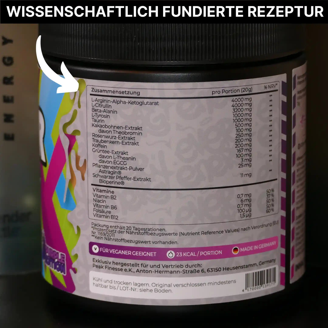 Ever Energy enthält Aminosäuren, Pflanzenextrakte, Koffein und Vitamin B.