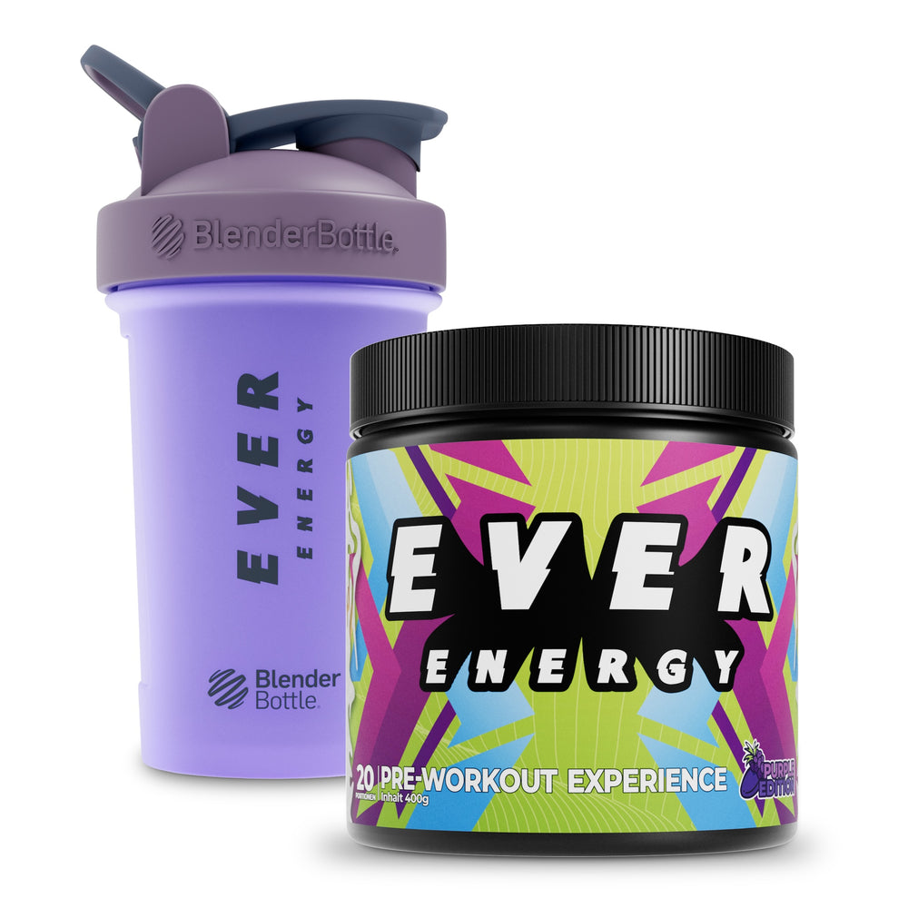 Pre-Workout (Purple Edition) und ein BlenderBottle Shaker Lila.