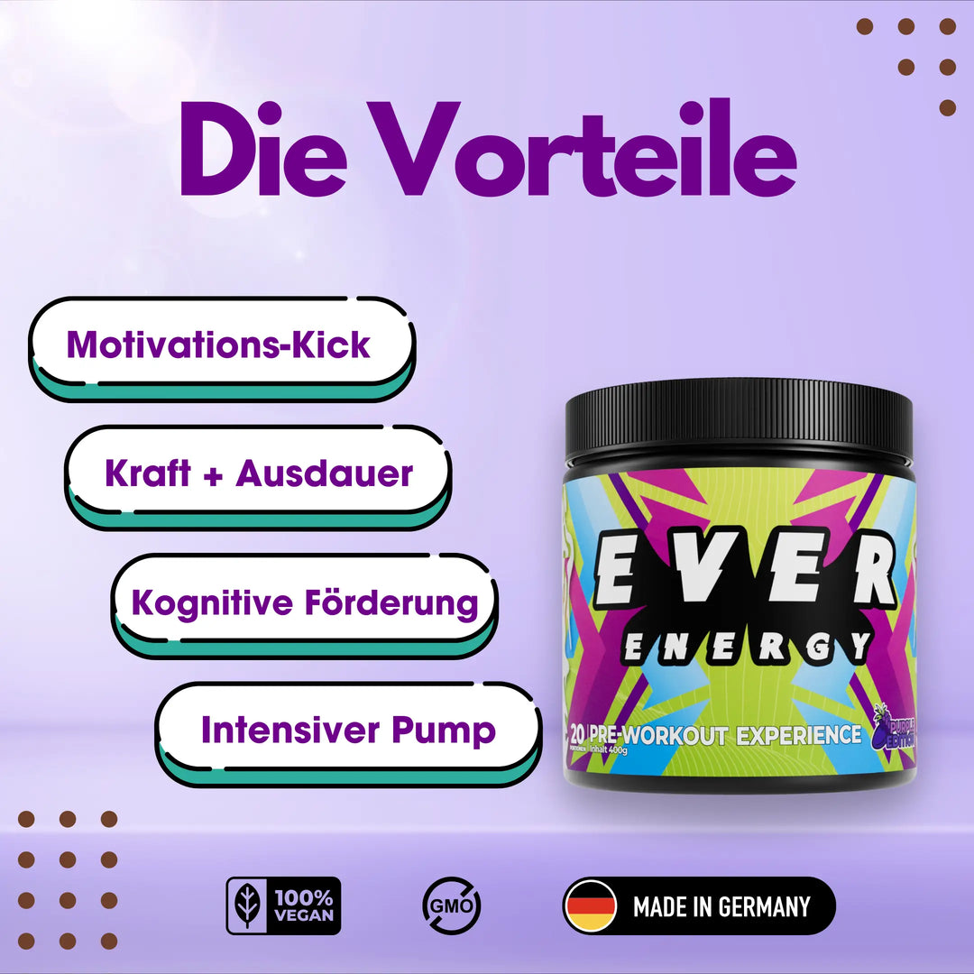 Pre Workout Booster von Ever Energy. Motivations-Kick, Kraft + Ausdauer, kognitive Förderung, Intensiver Pump.