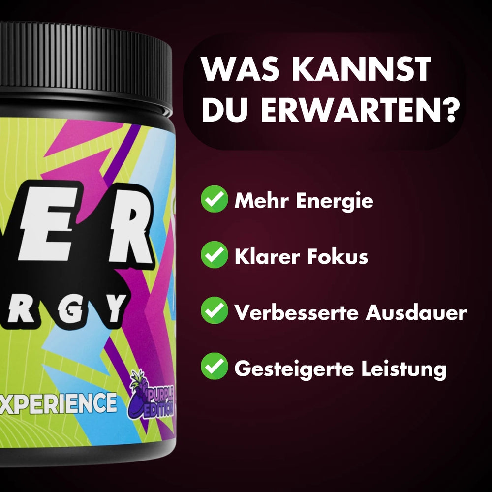 Pre Workout Experience sorgt für mehr Energie, klaren Fokus, verbesserte Ausdauer und gesteigerte Leistung.