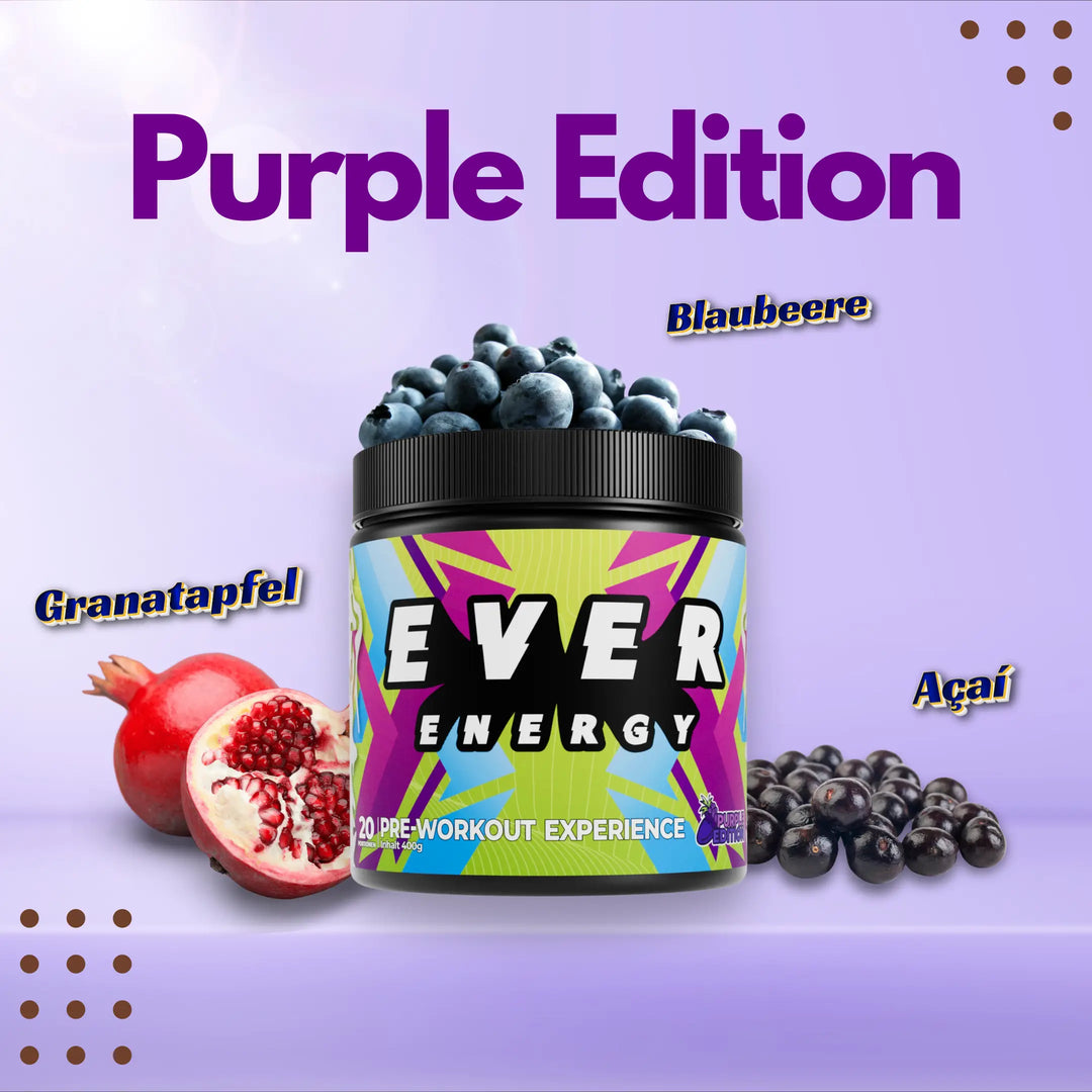 Pre Workout Experience Purple Edition schmeckt nach Acai, Blaubeere und Granatapfel.