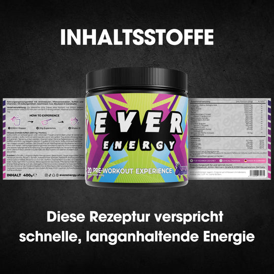 Pre Workout Experience enthält Koffein, Aminosäuren und Pflanzenextrakte.